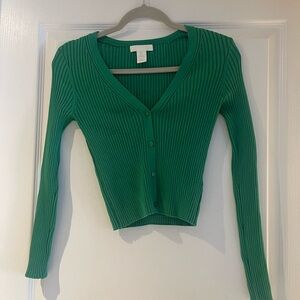 H&M Green Ribbed V-Neck Button Cardigan